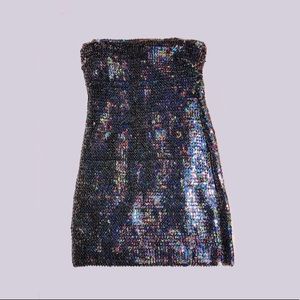 Strapless black iridescent sequin cocktail dress